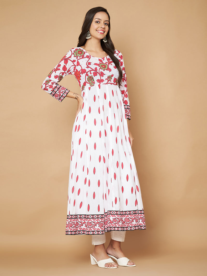 Poshak Hub Women White Pink Cotton Print Anarkali Kurta