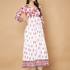 Poshak Hub Women White Pink Cotton Print Anarkali Kurta