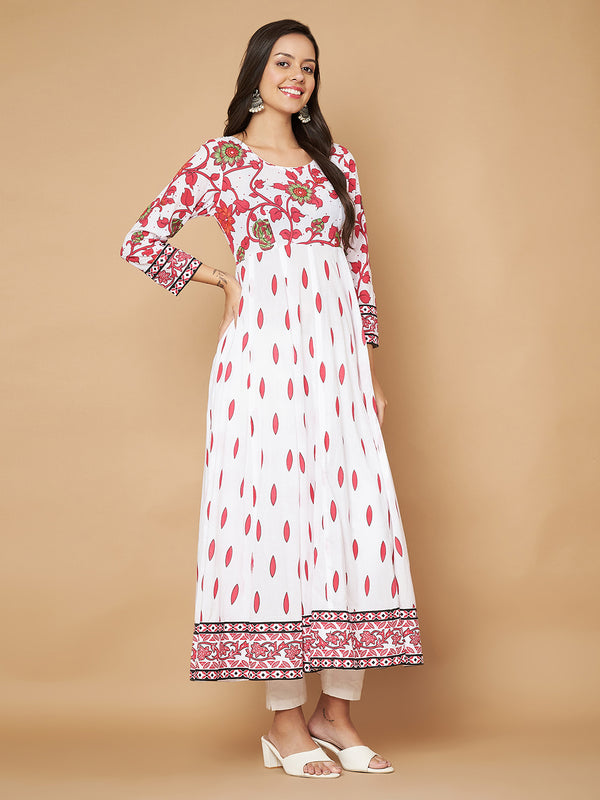 Poshak Hub Women White Pink Cotton Print Anarkali Kurta