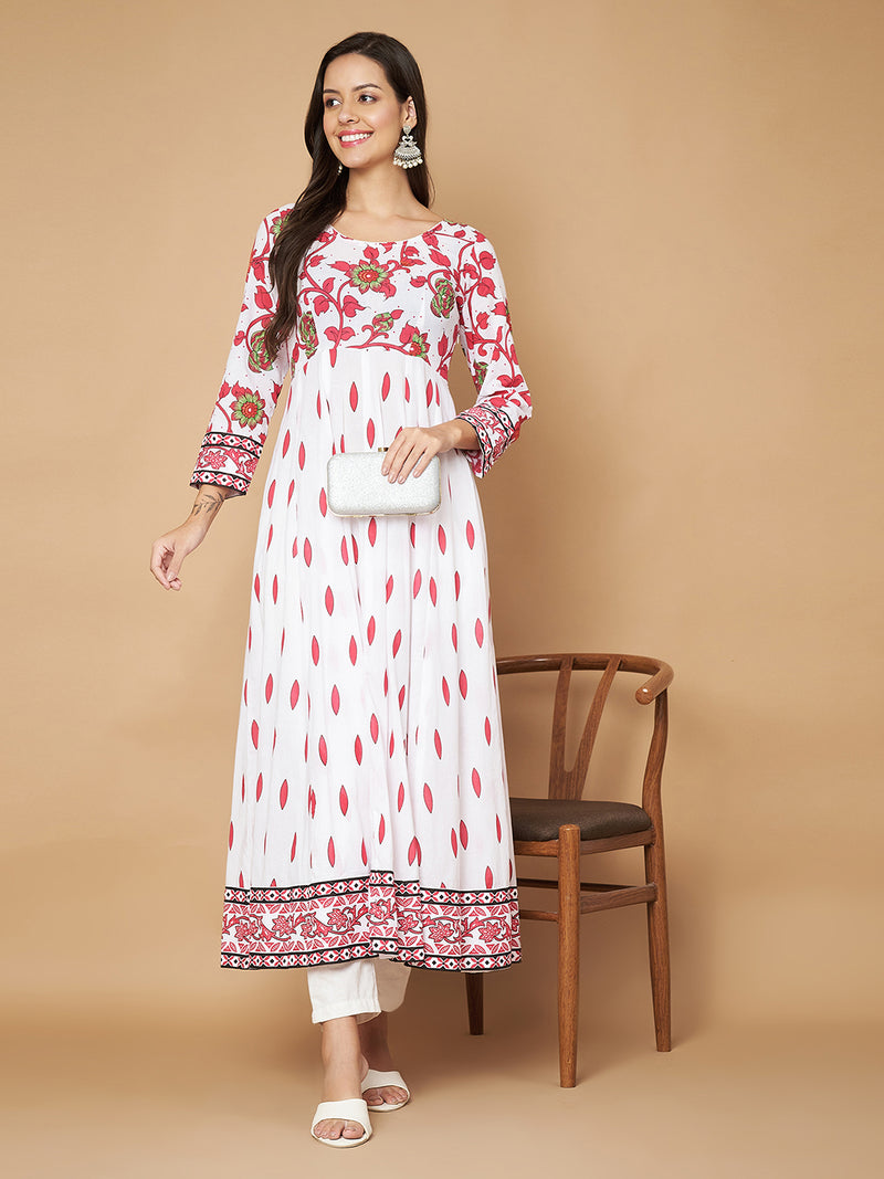 Poshak Hub Women White Pink Cotton Print Anarkali Kurta
