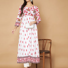 Poshak Hub Women White Pink Cotton Print Anarkali Kurta