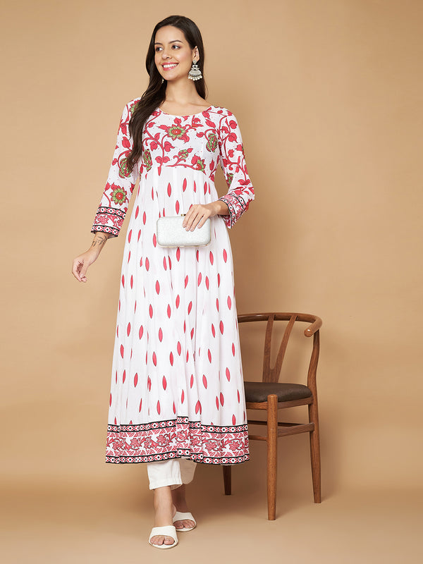 Poshak Hub Women White Pink Cotton Print Anarkali Kurta