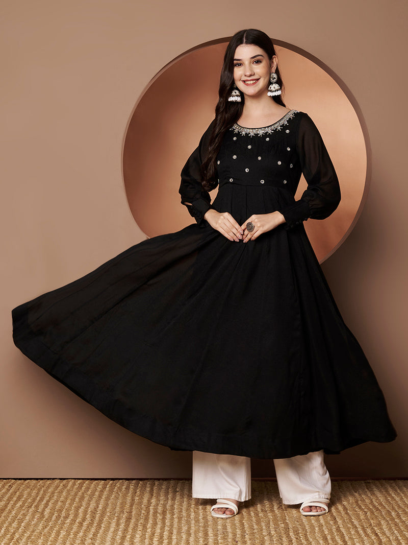 Poshak Hub Women Black Georgette Mirror work Hand Embroidery Anarkali Kurta