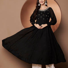 Poshak Hub Women Black Georgette Mirror work Hand Embroidery Anarkali Kurta