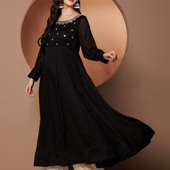 Poshak Hub Women Black Georgette Mirror work Hand Embroidery Anarkali Kurta