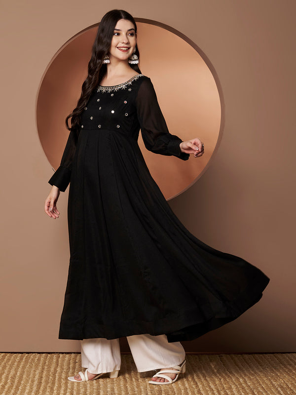 Poshak Hub Women Black Georgette Mirror work Hand Embroidery Anarkali Kurta