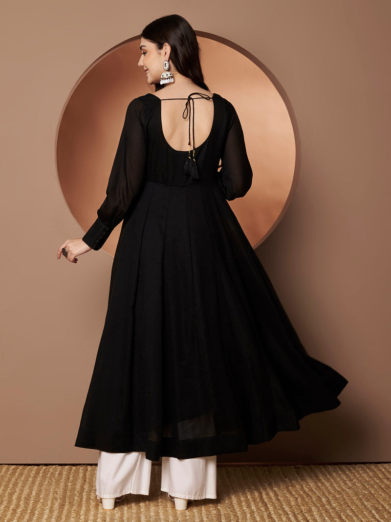 Poshak Hub Women Black Georgette Mirror work Hand Embroidery Anarkali Kurta