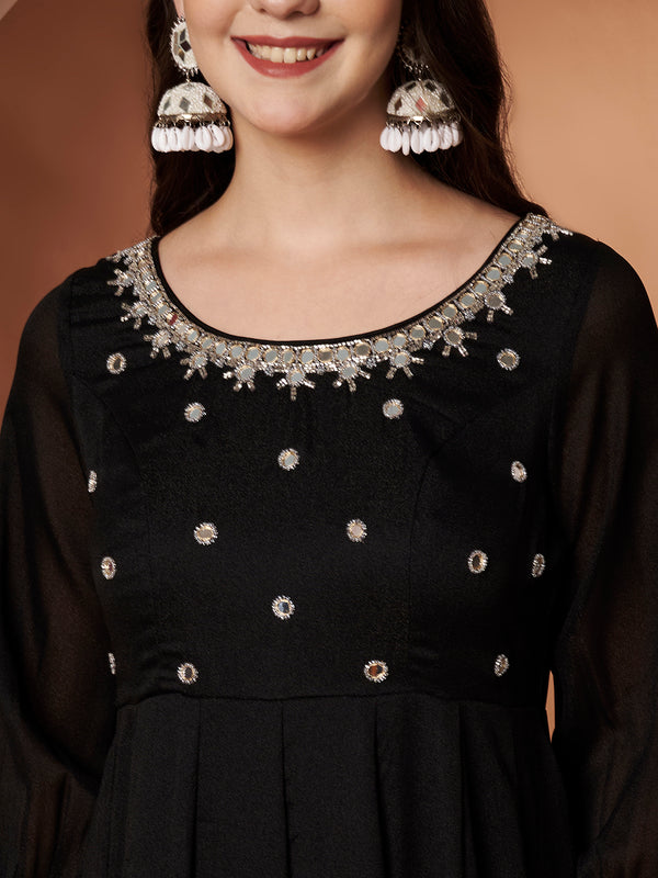 Poshak Hub Women Black Georgette Mirror work Hand Embroidery Anarkali Kurta