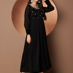 Poshak Hub Women Black Georgette Mirror work Hand Embroidery Anarkali Kurta