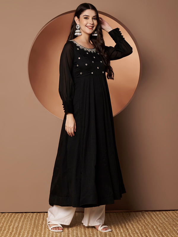 Poshak Hub Women Black Georgette Mirror work Hand Embroidery Anarkali Kurta