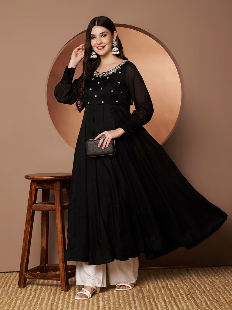 Poshak Hub Women Black Georgette Mirror work Hand Embroidery Anarkali Kurta