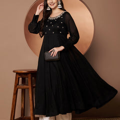 Poshak Hub Women Black Georgette Mirror work Hand Embroidery Anarkali Kurta