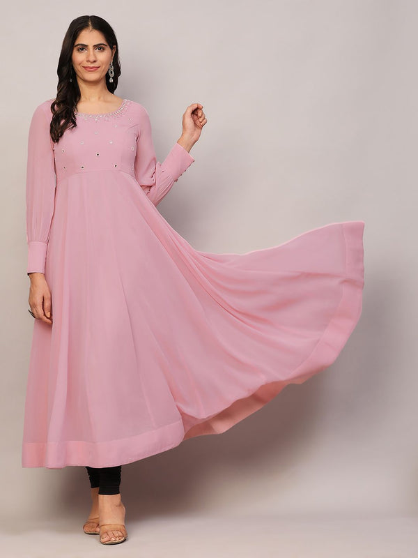 Poshak Hub Women Peach Georgette Mirror work Hand Embroidery Anarkali Kurta