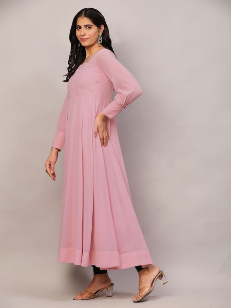 Poshak Hub Women Peach Georgette Mirror work Hand Embroidery Anarkali Kurta