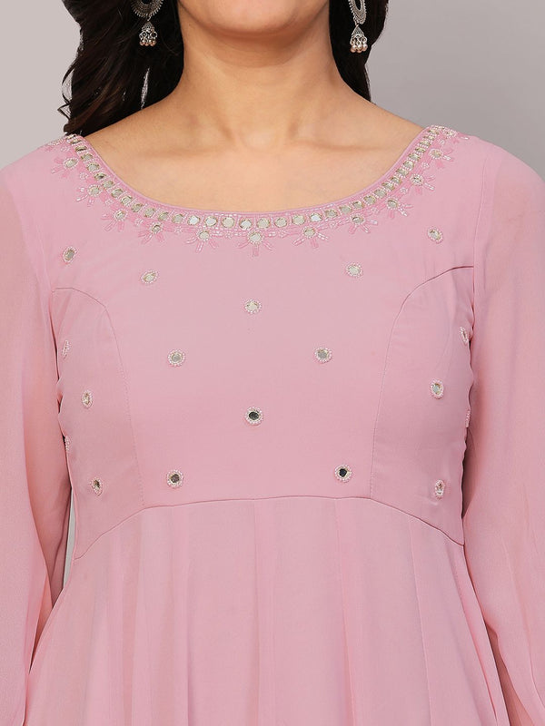 Poshak Hub Women Peach Georgette Mirror work Hand Embroidery Anarkali Kurta