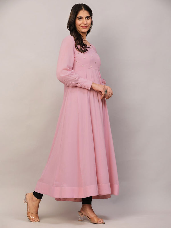 Poshak Hub Women Peach Georgette Mirror work Hand Embroidery Anarkali Kurta