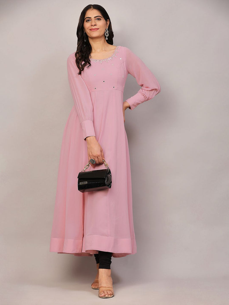 Poshak Hub Women Peach Georgette Mirror work Hand Embroidery Anarkali Kurta
