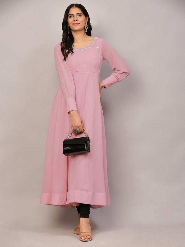 Poshak Hub Women Peach Georgette Mirror work Hand Embroidery Anarkali Kurta