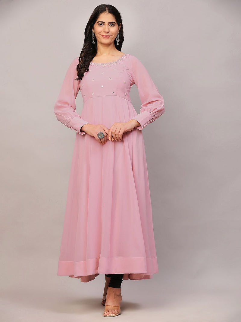 Poshak Hub Women Peach Georgette Mirror work Hand Embroidery Anarkali Kurta