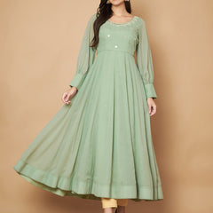 Poshak Hub Women Sea Green Georgette Mirror work Hand Embroidery Anarkali Kurta