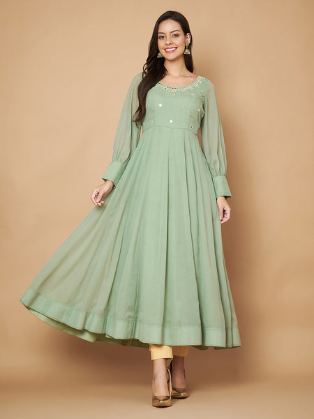 Poshak Hub Women Sea Green Georgette Mirror work Hand Embroidery Anarkali Kurta