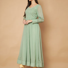 Poshak Hub Women Sea Green Georgette Mirror work Hand Embroidery Anarkali Kurta