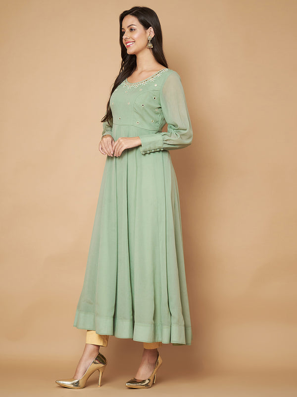 Poshak Hub Women Sea Green Georgette Mirror work Hand Embroidery Anarkali Kurta