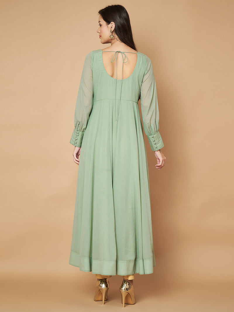 Poshak Hub Women Sea Green Georgette Mirror work Hand Embroidery Anarkali Kurta