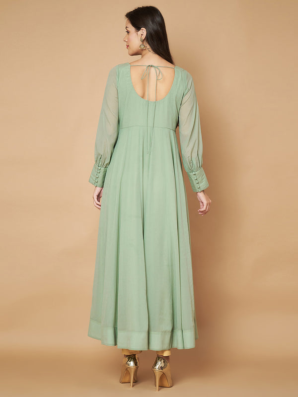 Poshak Hub Women Sea Green Georgette Mirror work Hand Embroidery Anarkali Kurta