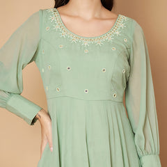 Poshak Hub Women Sea Green Georgette Mirror work Hand Embroidery Anarkali Kurta