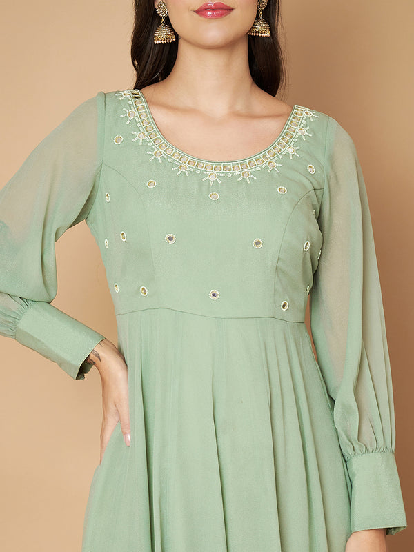 Poshak Hub Women Sea Green Georgette Mirror work Hand Embroidery Anarkali Kurta