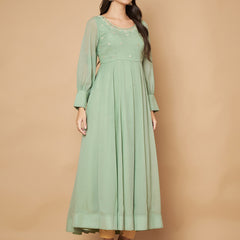 Poshak Hub Women Sea Green Georgette Mirror work Hand Embroidery Anarkali Kurta