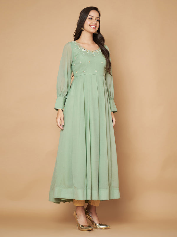 Poshak Hub Women Sea Green Georgette Mirror work Hand Embroidery Anarkali Kurta
