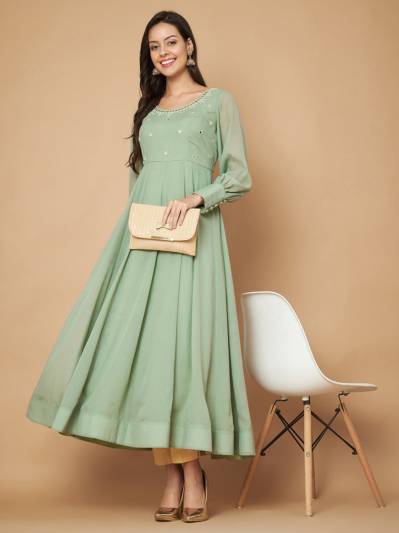 Poshak Hub Women Sea Green Georgette Mirror work Hand Embroidery Anarkali Kurta