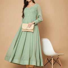 Poshak Hub Women Sea Green Georgette Mirror work Hand Embroidery Anarkali Kurta