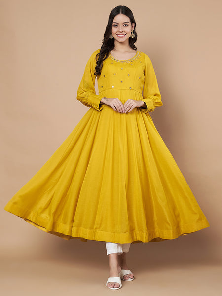 Poshak Hub Women Yellow Georgette Mirror work Hand Embroidery Anarkali Kurta