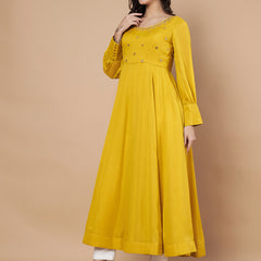 Poshak Hub Women Yellow Georgette Mirror work Hand Embroidery Anarkali Kurta