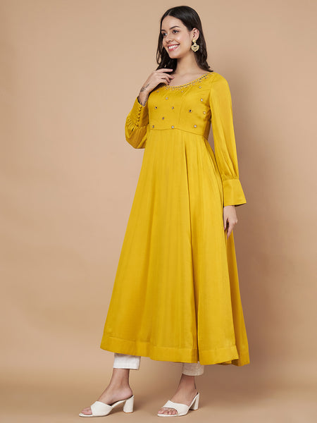 Poshak Hub Women Yellow Georgette Mirror work Hand Embroidery Anarkali Kurta
