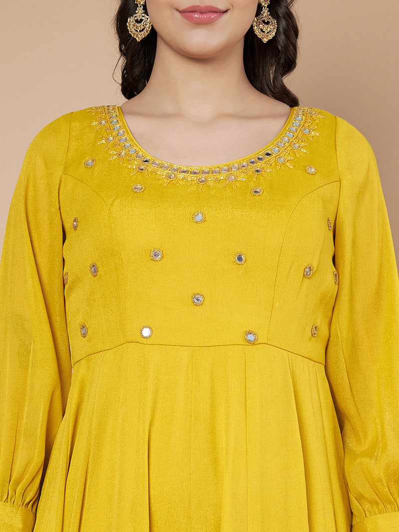 Poshak Hub Women Yellow Georgette Mirror work Hand Embroidery Anarkali Kurta
