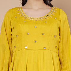 Poshak Hub Women Yellow Georgette Mirror work Hand Embroidery Anarkali Kurta