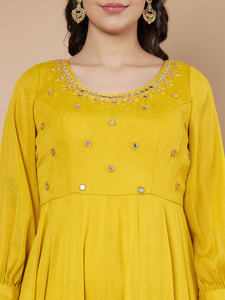 Poshak Hub Women Yellow Georgette Mirror work Hand Embroidery Anarkali Kurta