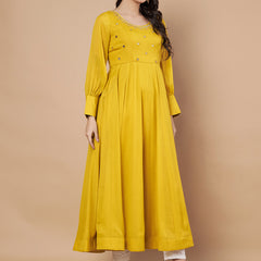 Poshak Hub Women Yellow Georgette Mirror work Hand Embroidery Anarkali Kurta