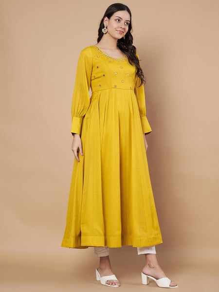 Poshak Hub Women Yellow Georgette Mirror work Hand Embroidery Anarkali Kurta