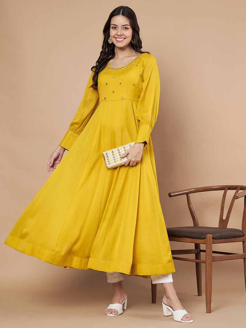Poshak Hub Women Yellow Georgette Mirror work Hand Embroidery Anarkali Kurta