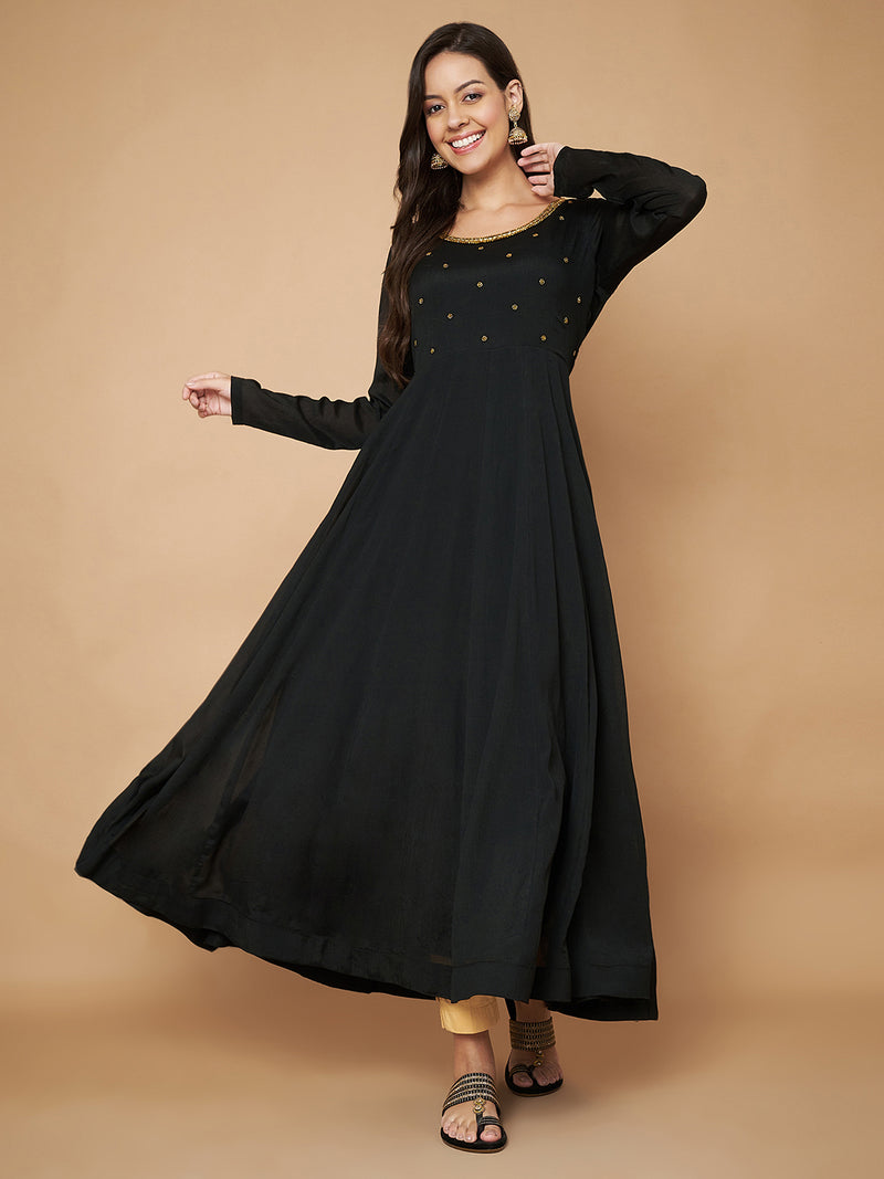 Poshak Hub Women Black Chinon Hand Embroidery Anarkali Kurta