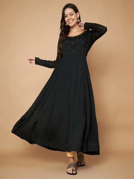 Poshak Hub Women Black Chinon Hand Embroidery Anarkali Kurta