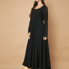 Poshak Hub Women Black Chinon Hand Embroidery Anarkali Kurta