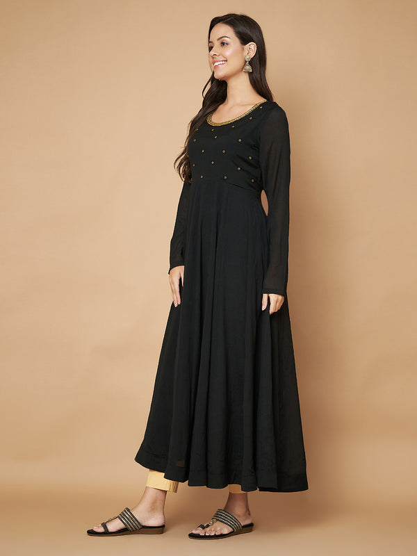 Poshak Hub Women Black Chinon Hand Embroidery Anarkali Kurta