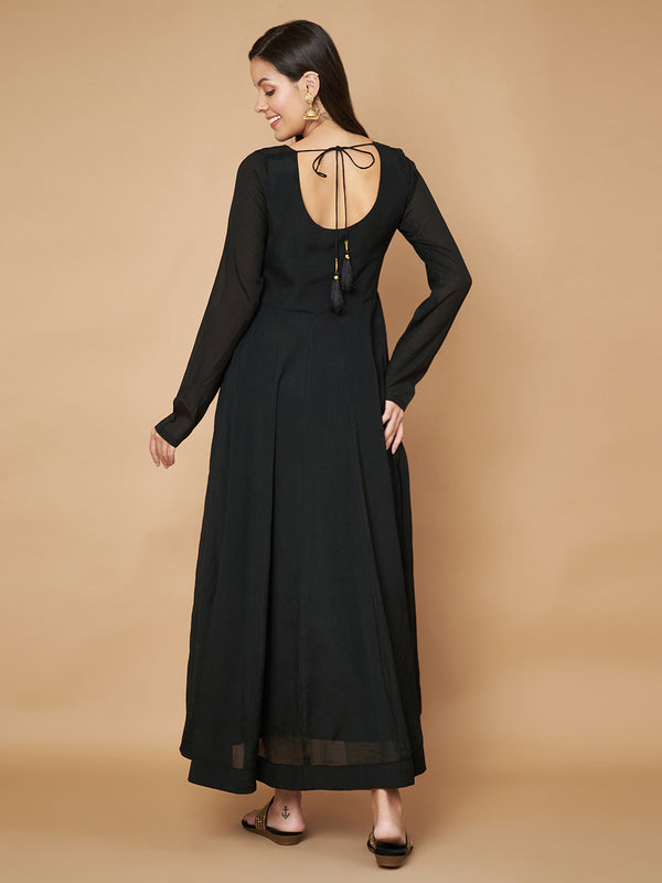 Poshak Hub Women Black Chinon Hand Embroidery Anarkali Kurta