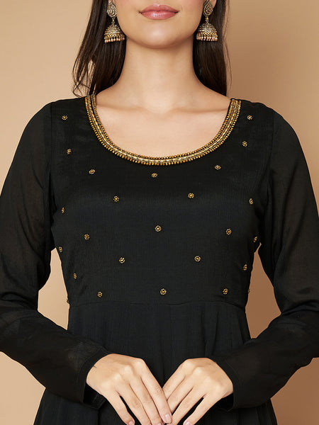 Poshak Hub Women Black Chinon Hand Embroidery Anarkali Kurta